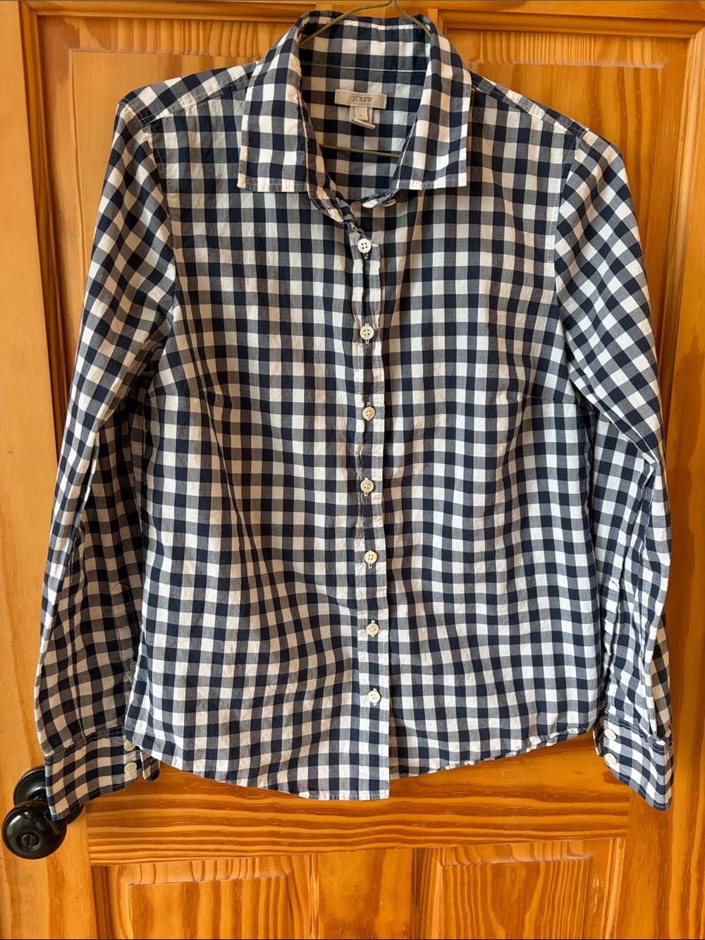 J. Crew Navy and White Gingham Button-Up Blouse